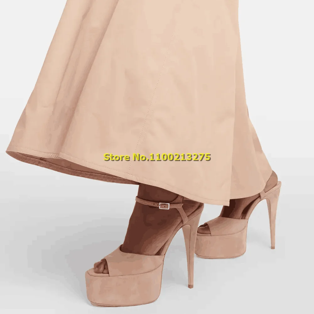 

Nude Suede Platform Peep Toe Sandals Ankle Buckle Strap Thin High Heel 2024 Fashion