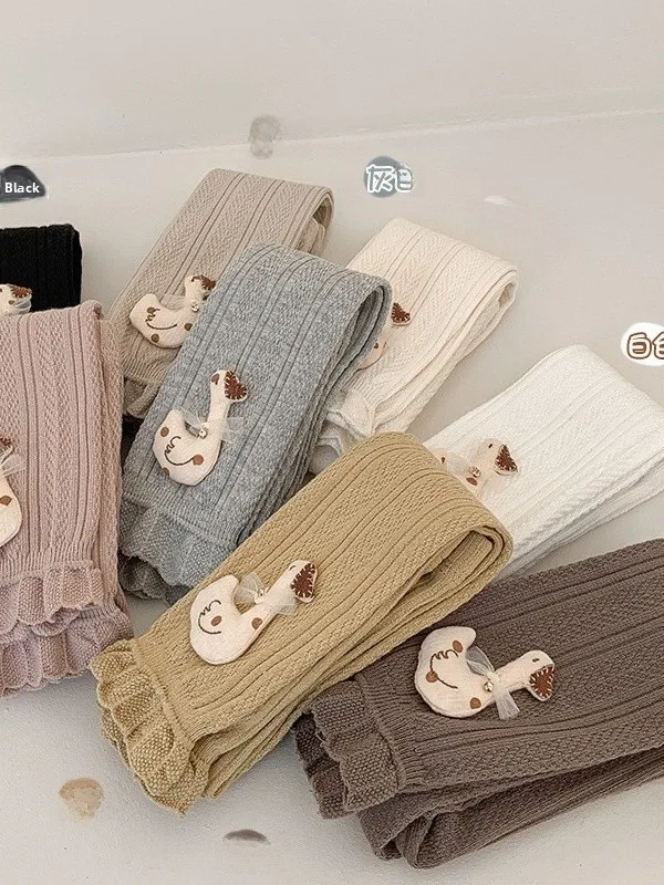 

New Cotton Blend Thin Leggings for Girls Spring Autumn Floral Trim Underwear Trousers Little Girls Pantyhose White Lace Trim