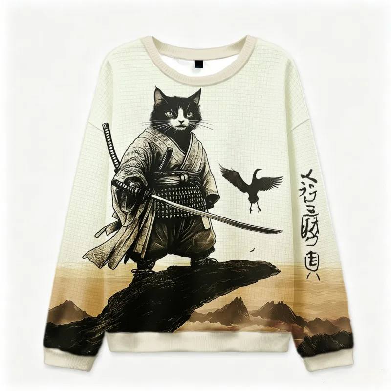 Oversized Men's Sweatshirt Japanese Cat Samurai Snowscape Art Print Knit Vintage Autumn 2026 Chic Long Sleeve Pullover Man Cloth