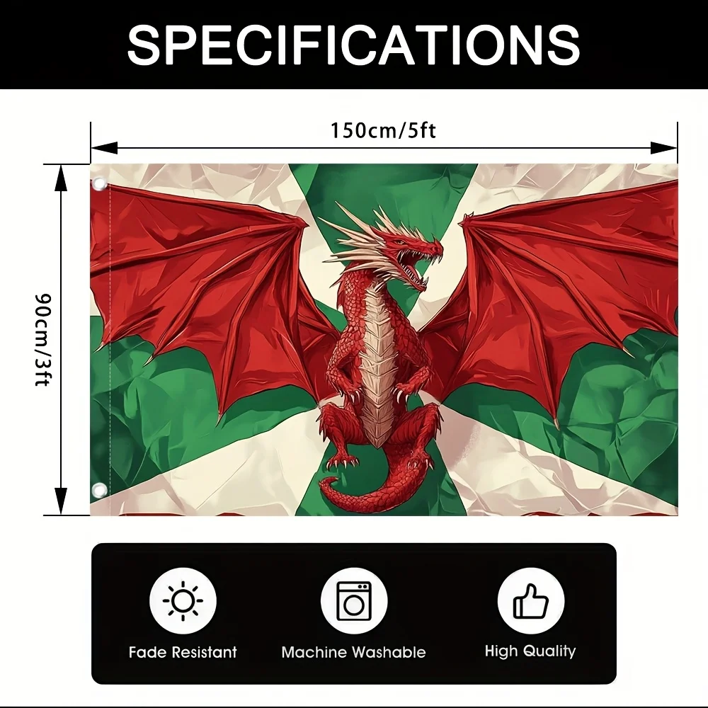 1pc Welsh Red Dragon Flag, Decoration Suitable for Outdoor Parties & Welsh-Themed Events - No Electricity Needed.No Flagpole.