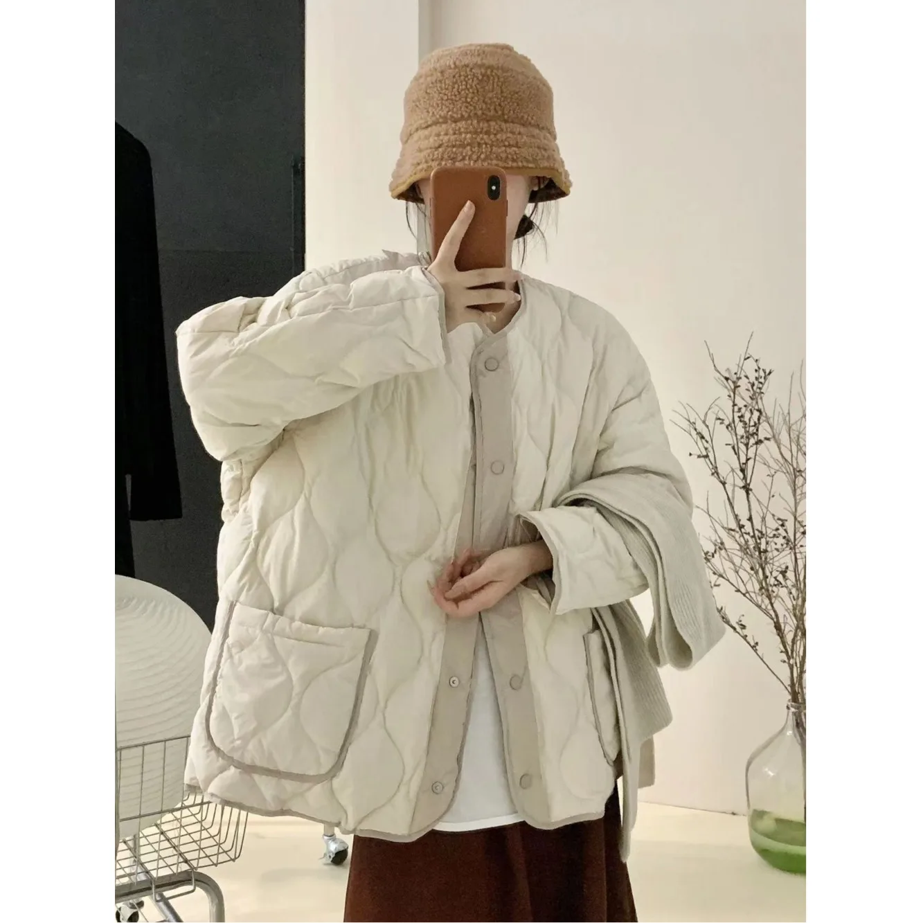 

Женское стеганое пальто из хлопка Ele, осенне-зимнее легкое теплое стеганое пальто с ромбовидным узором, свободный крой, длинный свек