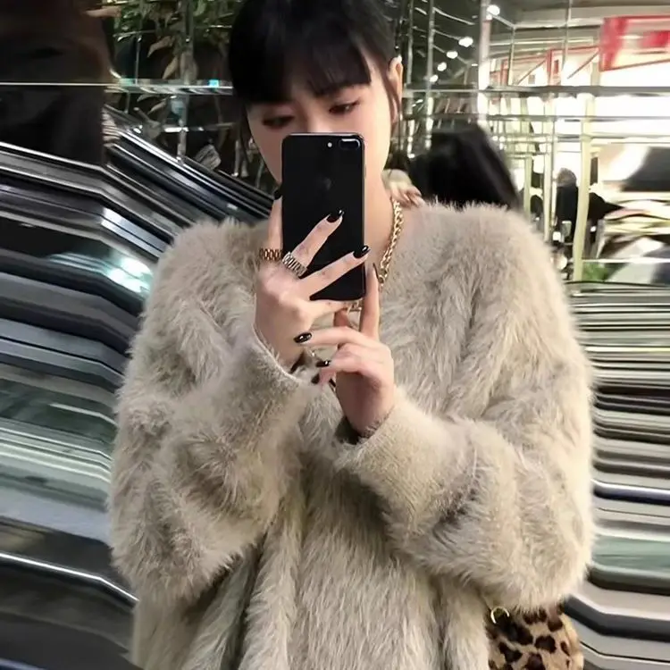 

Korean Chic Autumn Gentle Anti-aging Temperament Round Neck Loose Solid Pullover Western-style Mink Fur Warm Sweater for Women