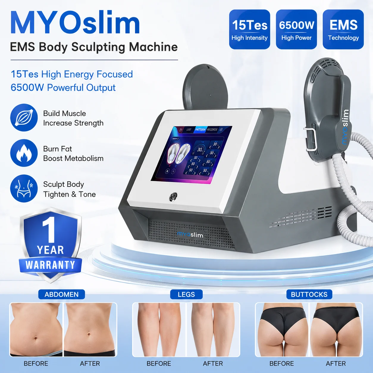 MYOslim HI-EMT EMS Body Sculpting Machine Touch Screen Muscle Stimulator Weight Loss Fat Burning Device for Home Fitness
