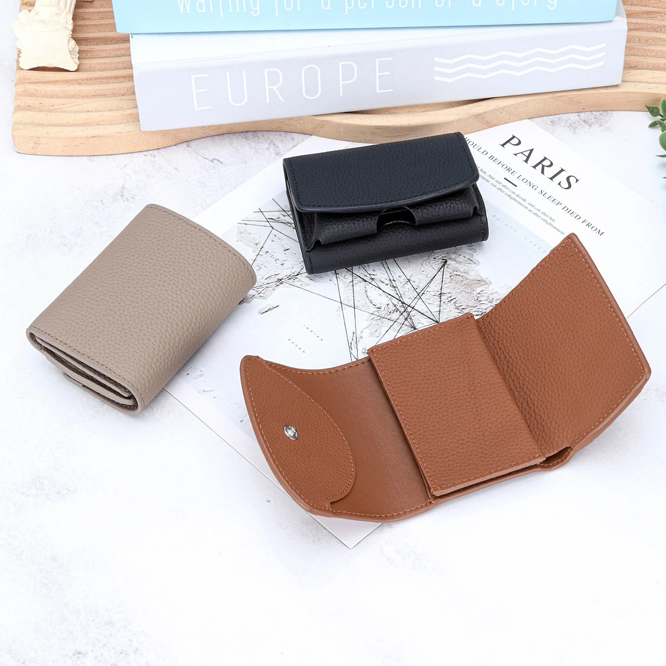 Women Genuine Leather Trifold Wallet Snap Fastener Multi‑Card Slots Minimalist Purse Holds Cards Cash Full‑Size Bills