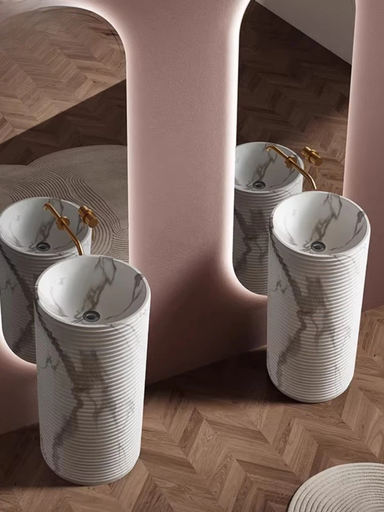 

Italian luxury stone style column wash basin integrated floor round art basin