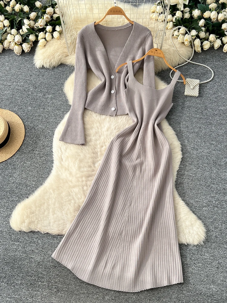 Casual Loose V-neck Full SLEEVE Knitted Cardigan+Sling Dresses 2-piece Set Women's Autumn/Winter Inner Waist Knit Dress Coat