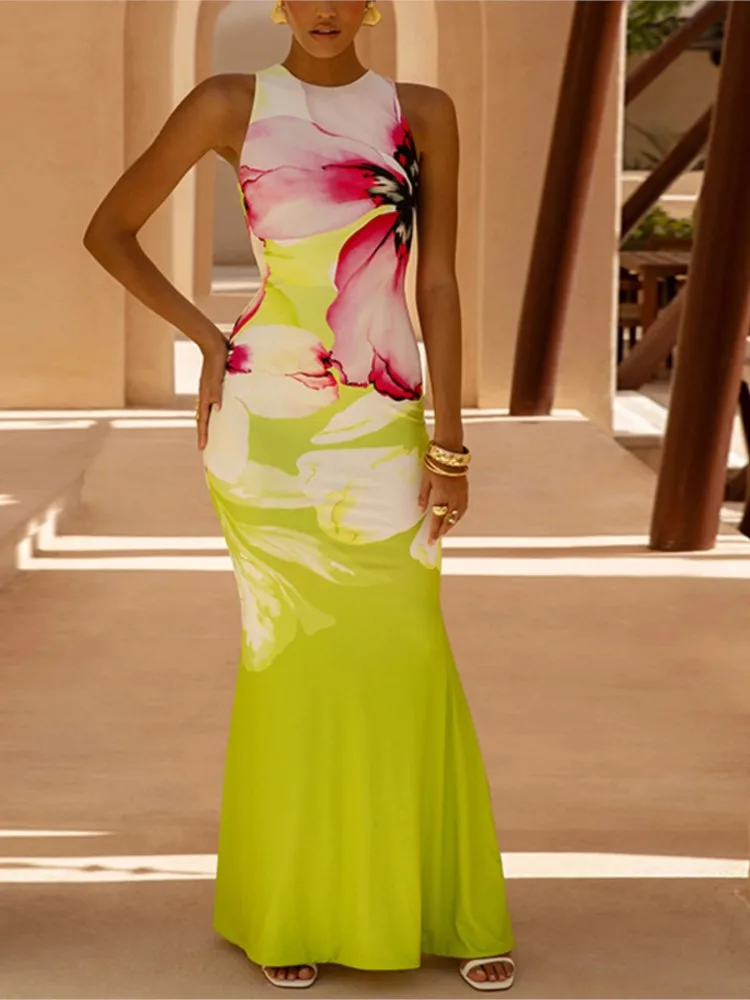 Summer Cover Ups Women Swimsuit Sleeveless Robes Bathing Suit 2026 New Flower Print Beach Holiday Maxi Dresses Cover-Up