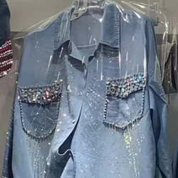 Luxury Style Denim Blouse Shirt Women's 2024 Autumn Diamonds Crystal Rhinestone Denim Coat Casual Loose Shirt Top Woman Clothes