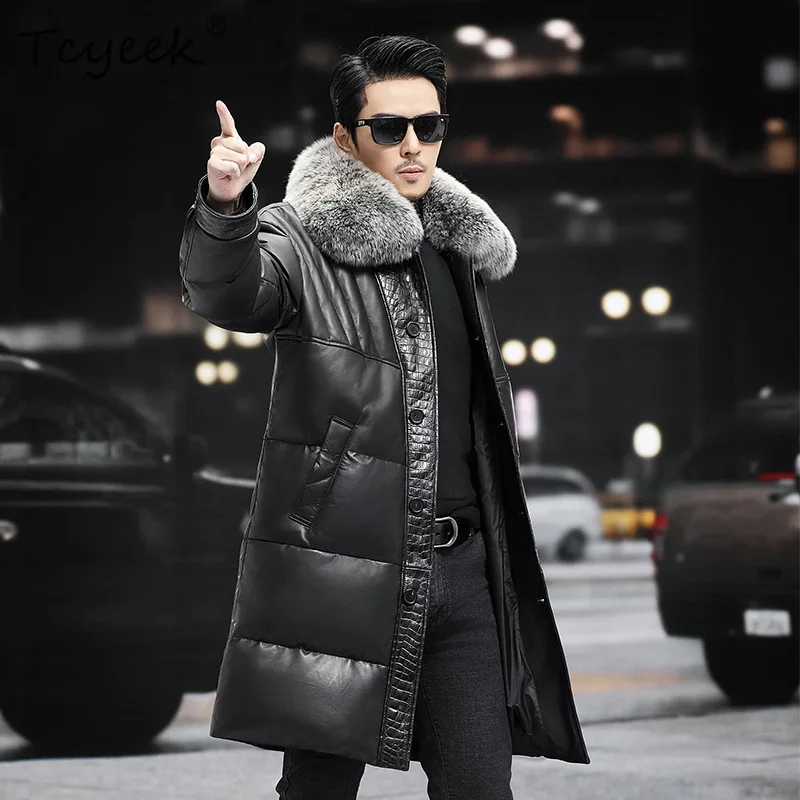 Tcyeek Real Sheepskin Jacket Men Fox Fur Collar Goose Down Coat Long Down Jackets Winter Mens Coats Crocodile Grain Chaquetas