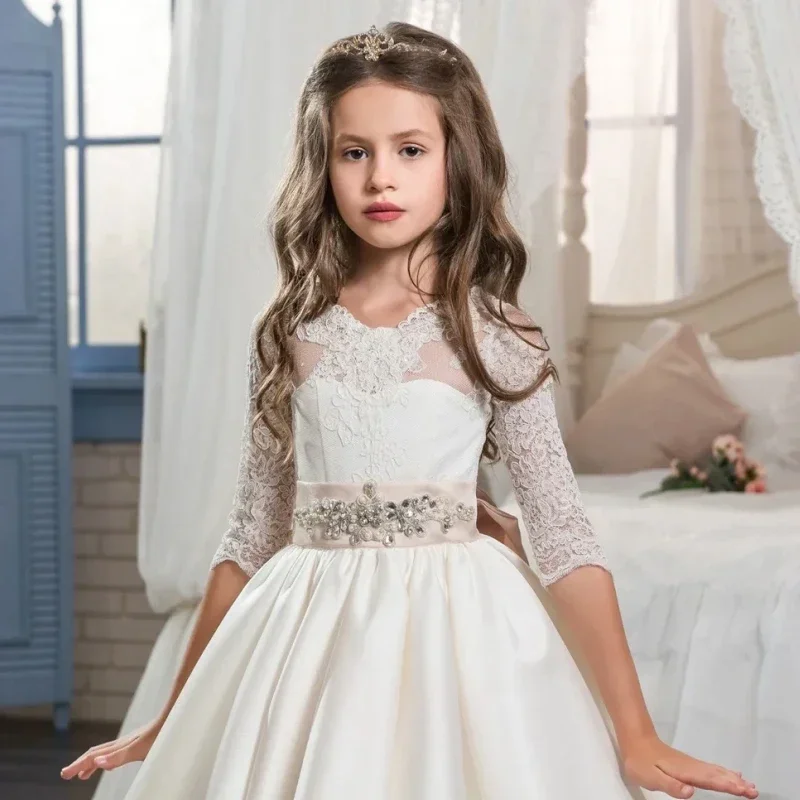 Flower Girls Dresses White Satin Appliques With Pink Bow Half Sleeve For Wedding Birthday Party Banquet Princess Gowns