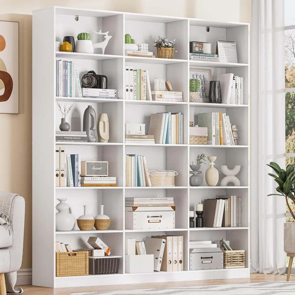 Large 6-Tier Triple Column White Bookcase with 18 Shelves for Freestanding Storage in Bedroom
