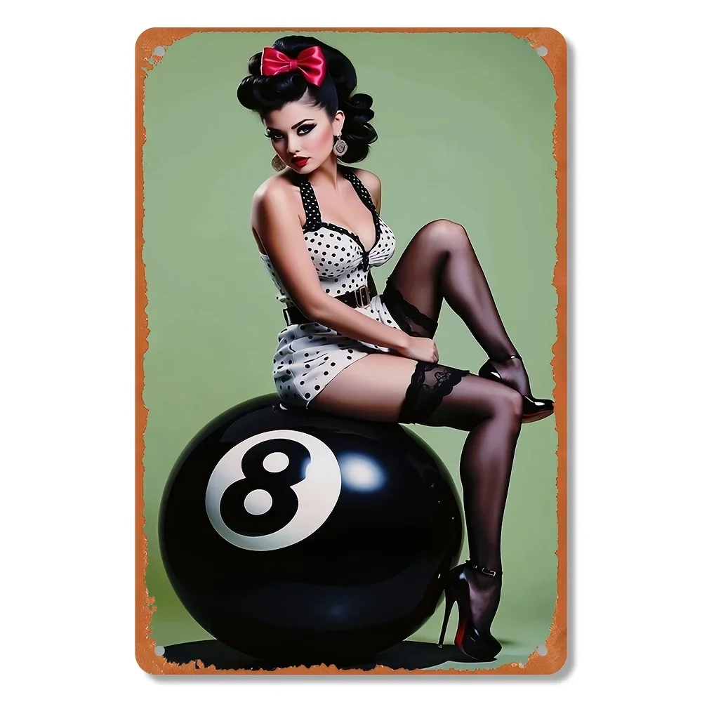 Vintage '50s Rockabilly Pin-Up Girl on 8-Ball Retro Metal Wall Art -   Mid-Century Modern Home Decor with Lace Dress Detail &