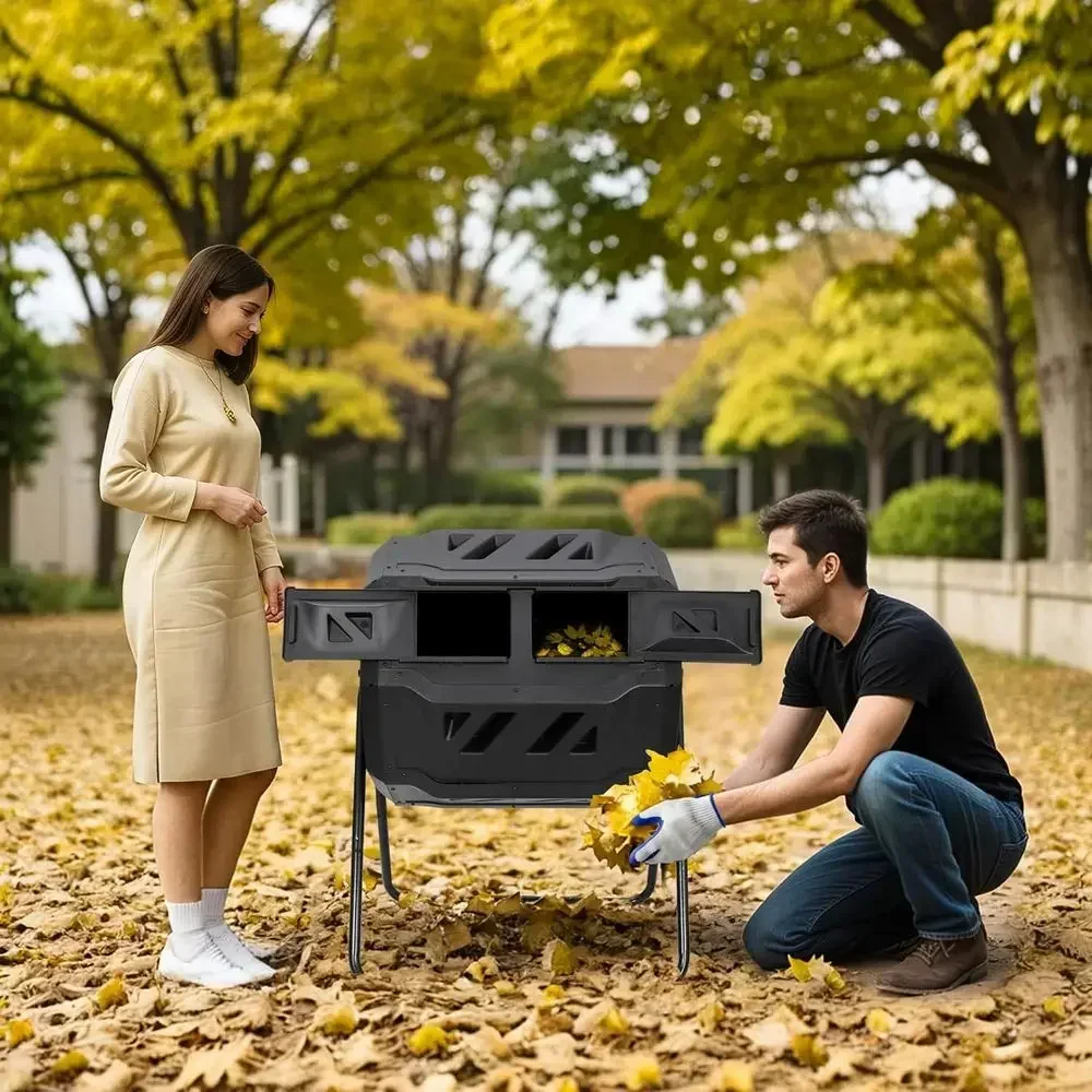 Dual Chamber 43 Gallon Outdoor Compost Tumbler with Sliding Doors for Garden and Yard Waste, Black