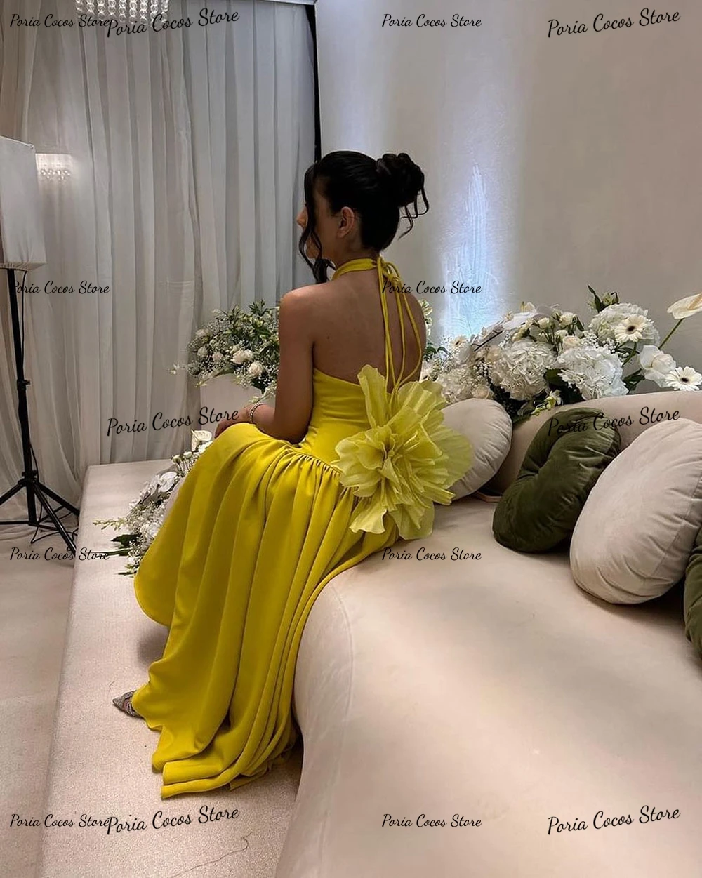 Customized High A-line Pleat Prom Gown Sexy Backless 3D Appliques Formal Party Dress Sleeveless Evening Dresses فساتين الحفلات