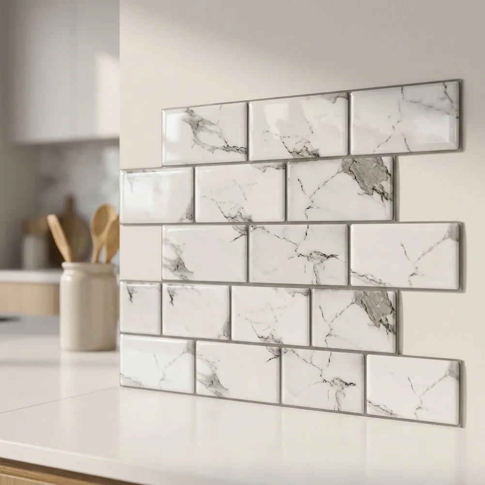3D Epoxy Style Self Wall Tiles for Kitchen Waterproof Oil for proof PVC Decals Easy DIY Installation 32x16.5cm 6 pcs