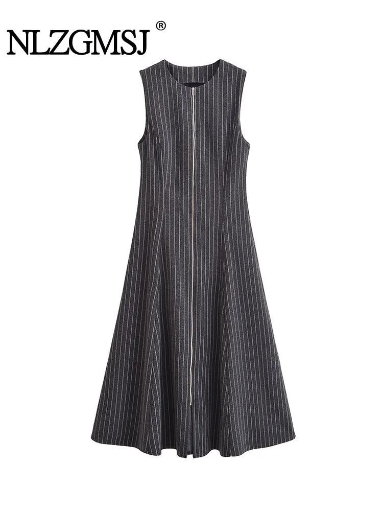 Abito a righe da donna casual vintage primaverile o-collo senza maniche pieghe cerniera abiti lunghi abito chic di nuova moda