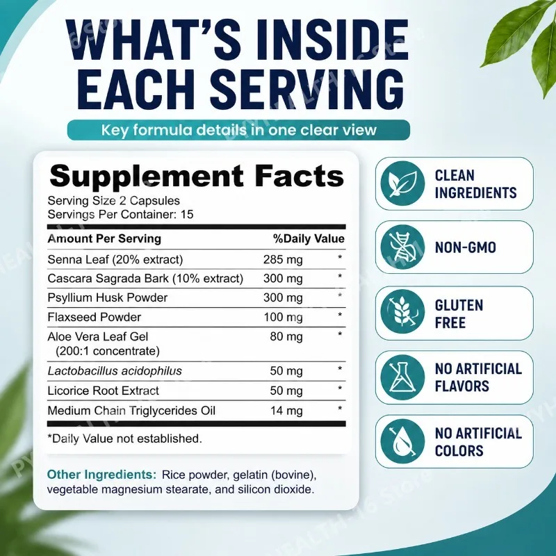 15 Day Gut Support Capsules with Senna, Cascara Sagrada, Psyllium Husk and Lactobacillus Acidophilus, 30 Capsules