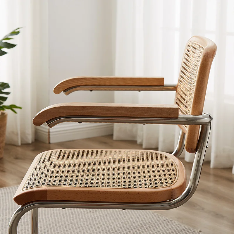 Solid wood dining chair simple modern rattan retro leisure  dining room living room study wrought iron  backrest
