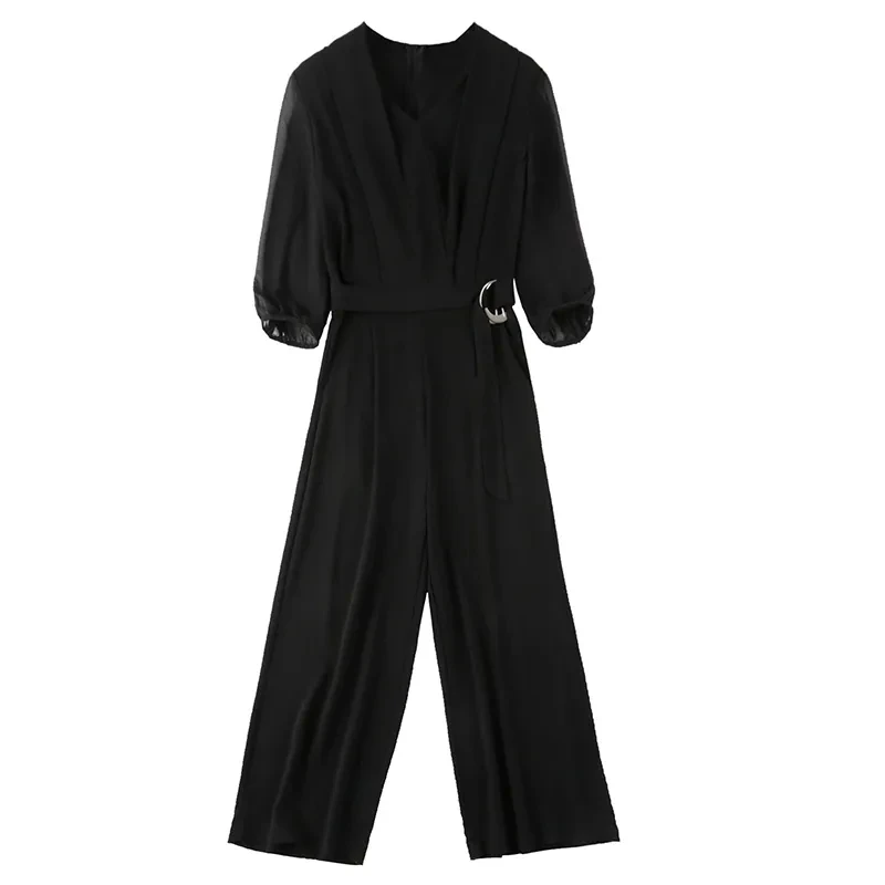 Elegant Chiffon Wide Leg Jumpsuits Women Summer Thin V-Neck Black Bodysuit Three Quarter Sleeves Belt Romper Long Pants Suit