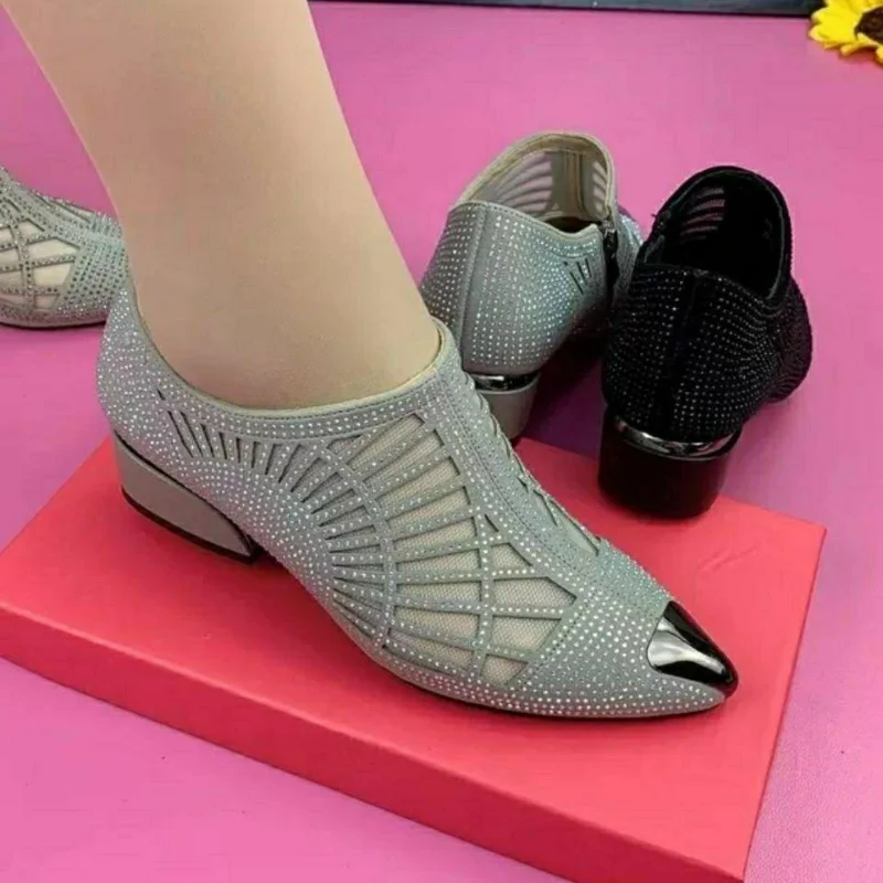 Hollowed Out Mesh Bling Pumps Pointed Toe Sandals Women\'s Work Shoes Breathable Low Heel Korean Fashion Novelty Drop Shipping