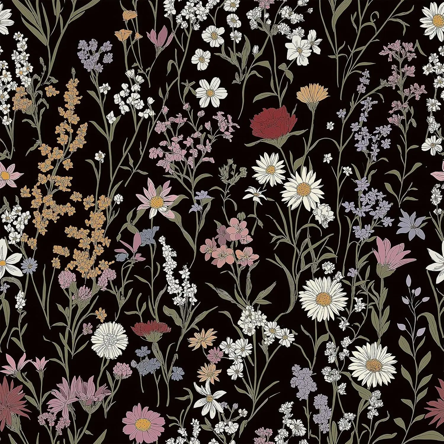 Floral Peel and Stick Wallpaper Boho Wall Paper Black Self Adhesive Wallpaper Removable Contact Paper for Bedroom Bathroom Decor