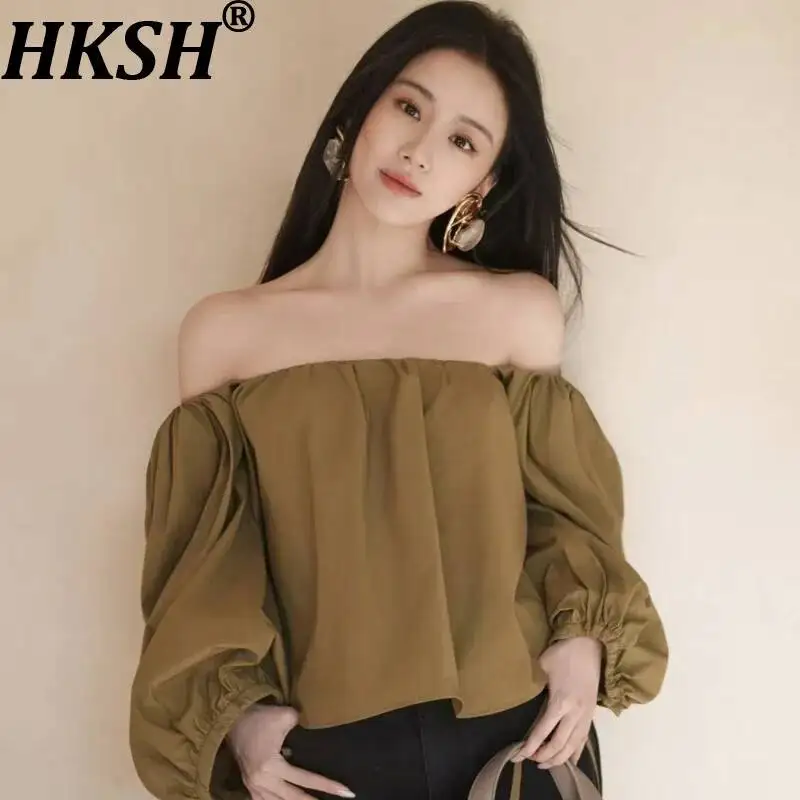 

HKSH Women Shirt Fashion Slash Neck Off The Shoulder Pleated Puff Long Sleeve Loose Fit Solid Color Versatile Trendy Top HK24819