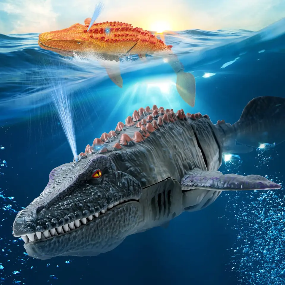 Barco Dinosaurio Mosasaurus A Control Remoto Para Niños, Juguete Acuático Con Agua Pulverizada Y Luces, Ideal Para Piscina, Lago O Bañera (color Amarillo)