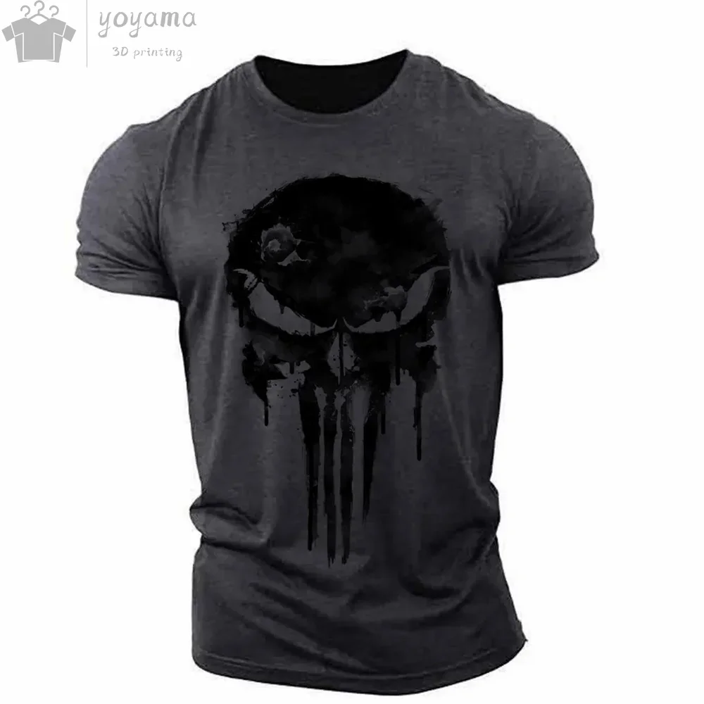 Oversized Harajuku Skull Print T-Shirt Summer Muscle Men's Sports Personality Short Sleeve Outdoor Stretch Quick Dry O-Neck Top