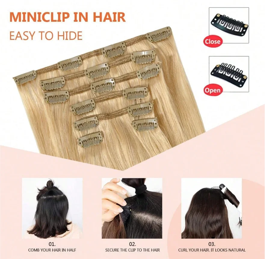 وصلات شعر بمشبك للشعر القصير قطع شعر بشري ريمي بشري حقيقي 8 قطع لكل مجموعة مع 18 مشبك لحمة مزدوجة # 27 أشقر غامق