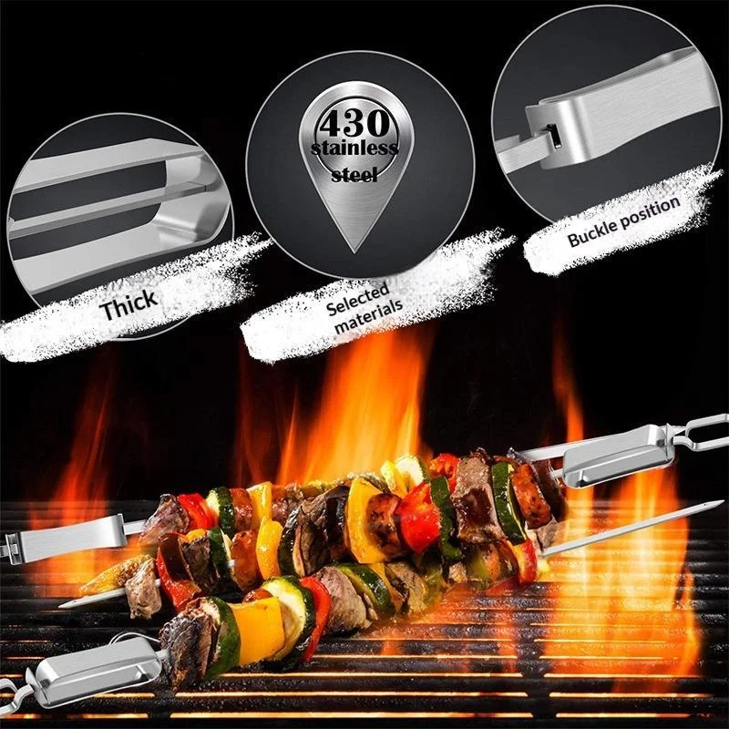 【W】1PCS Kabob Skewers For Grilling Stainless Steel Flat BBQ Skewers With Quick Release Metal Sliding Handle