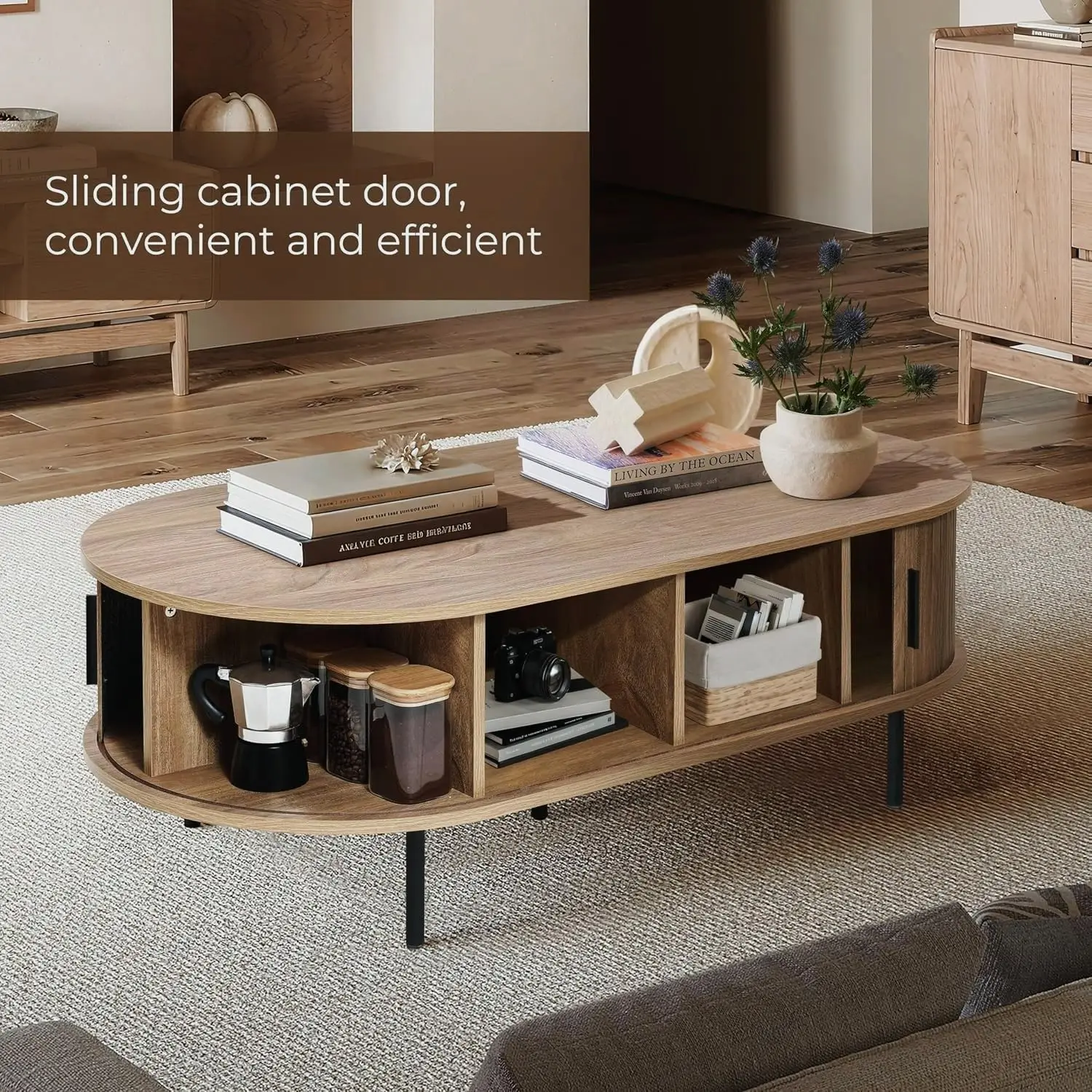 Owalny stolik kawowy z miejscem do przechowywania, 120 cm, w stylu mid-century modern, stoliki kawowe z rowkami do salonu, na zamówienie