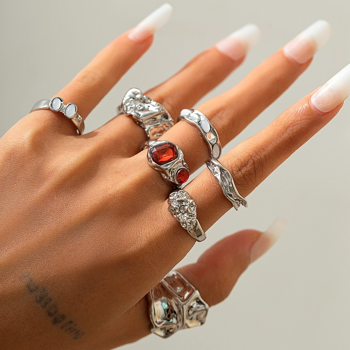 7Pcs Vintage Irregular Folded Surface Open Rings Set for Women