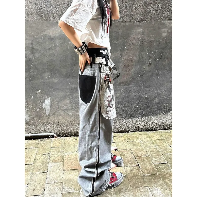 Oversize Jeans Women Reverse Denim Pants Gray Gothic Harajuku Style Baggy Trousers Y2K Streetwear Fashion