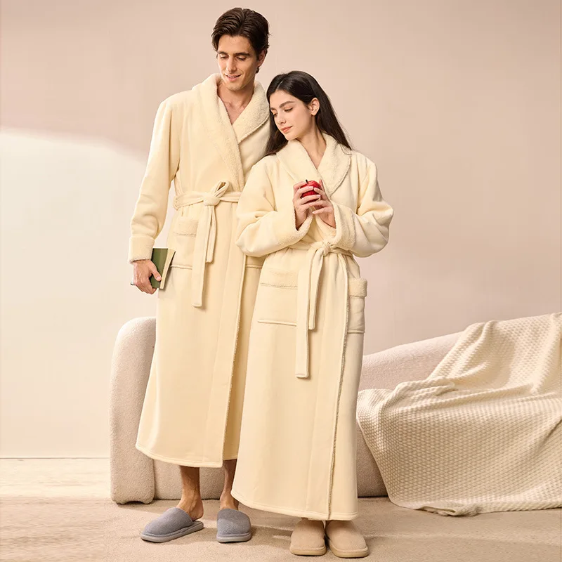 Winter New Coral Fleece Couple Long Robe Sleepwear Double Layer Thicken Warm Women's Night Clothes Bathrobe Flannel Homewear