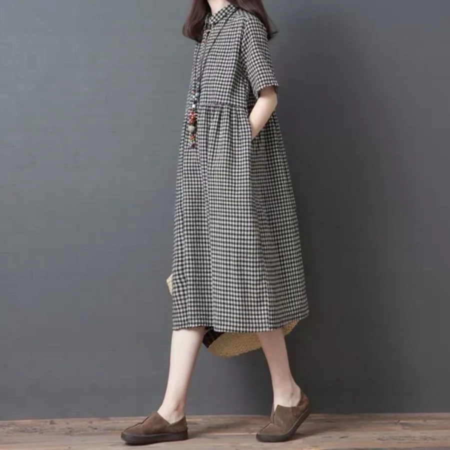 

【New style】2026 summer new cotton and linen large size loose slimming plaid dress