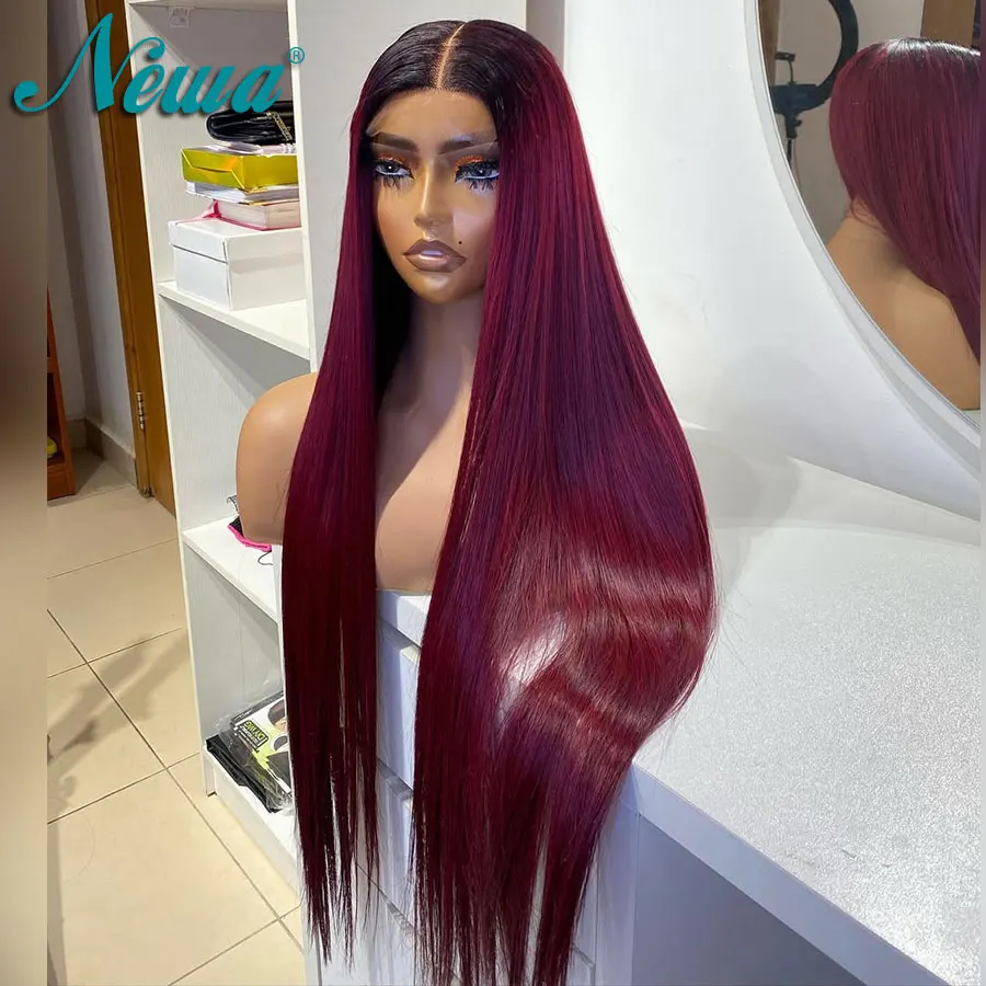 Newa Hair Ombre Burgundy Color HD Lace Closure Wig 5X5/6X6 Glueless Ready Go Wig Silky Straight Human Hair HD Lace Frontal Wigs