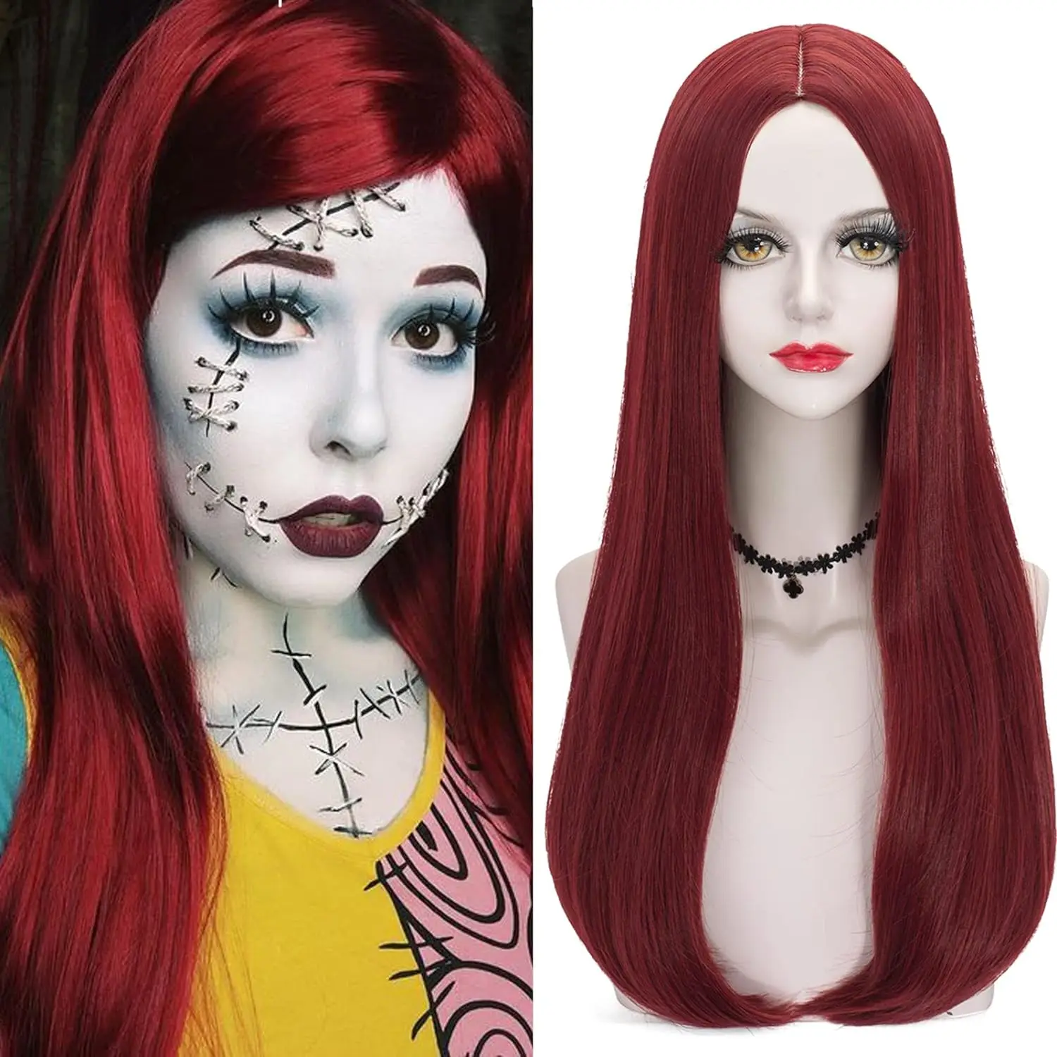Red Sally Wig Sally Costume Wig for Women, Long Straight Red Wigs 23.6 Inch Sally Dark Red Cosplay Wig Middle Part Heat Syntheti