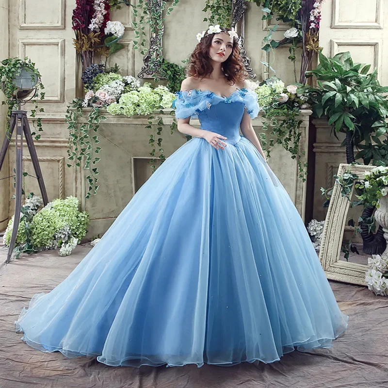 Blue Ball Gown Prom Dress Princess Cinderella Cosplay Dress Off Shoulder Lace Up Ball Gowns Prom Gown Robe Soirée Customized