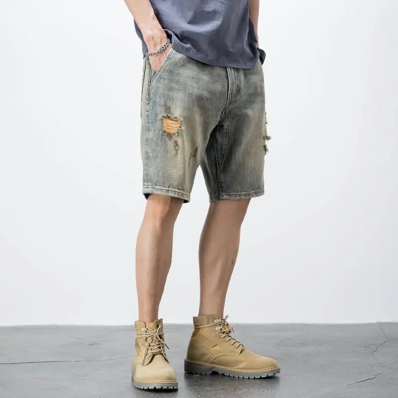 

Men's Distressed Denim Shorts Baggy Vintage American Style Jeans Summer Thin Casual Five Pocket Midi Shorts Plus Size