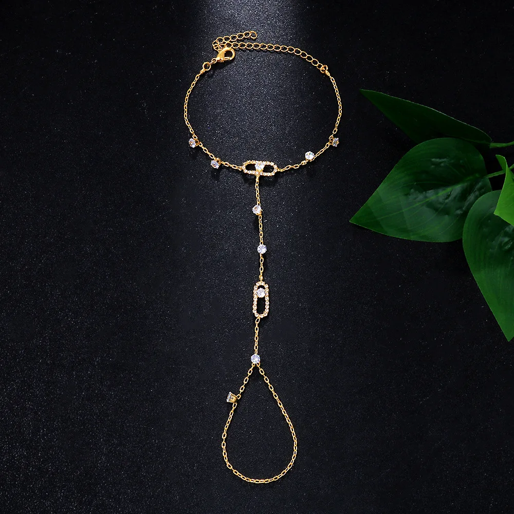 Hand Chain Ring Bracelet Jewelry for Women Girl Dainty 14k Gold Plated Trendy 2024 Summer Adjustable Chain Zircon Finger Ring