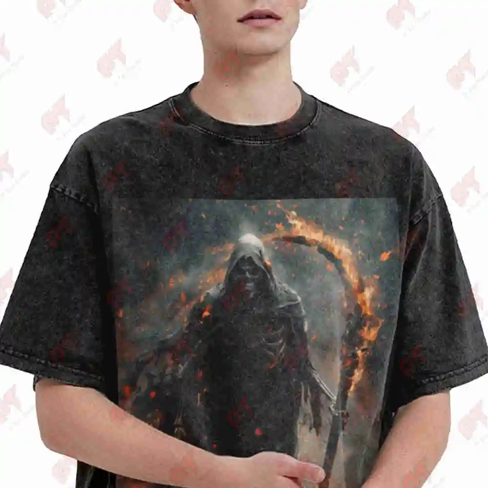 Mythical Grim Reaper Burning Sickle Vintage Washed Tee Pure Cotton T-Shirt