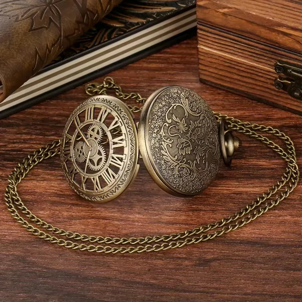 Retro Steampunk Gift Gear Quartz Pocket Watch with Chain Old Style Accessories Necklace Pendant for Men