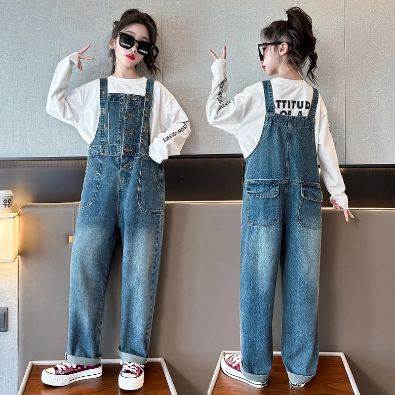 Hot Sale Kids Denim Jumpsuit for Teens Girl Fashion Denim Overalls Child Casual Stylish Suspender Dungarees Jeans With Straps