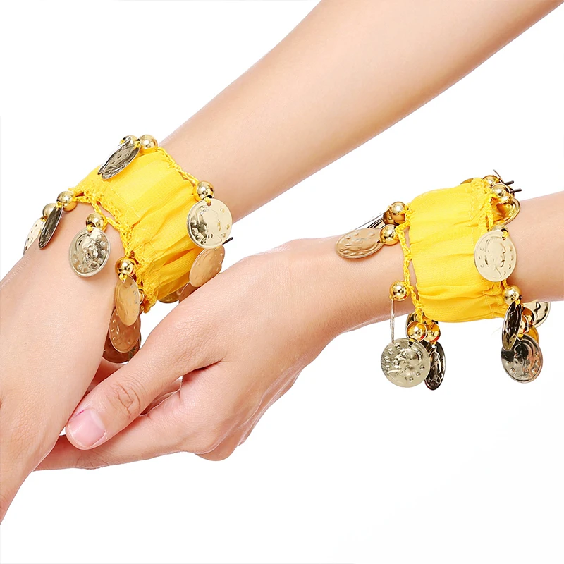 Chinese Folk Dance Belly Dance Accessories Costume Jewelry 1 Pair Wrist Ankle Cuff Rattle Chiffon Gold Coin Belly Dance Bracelet