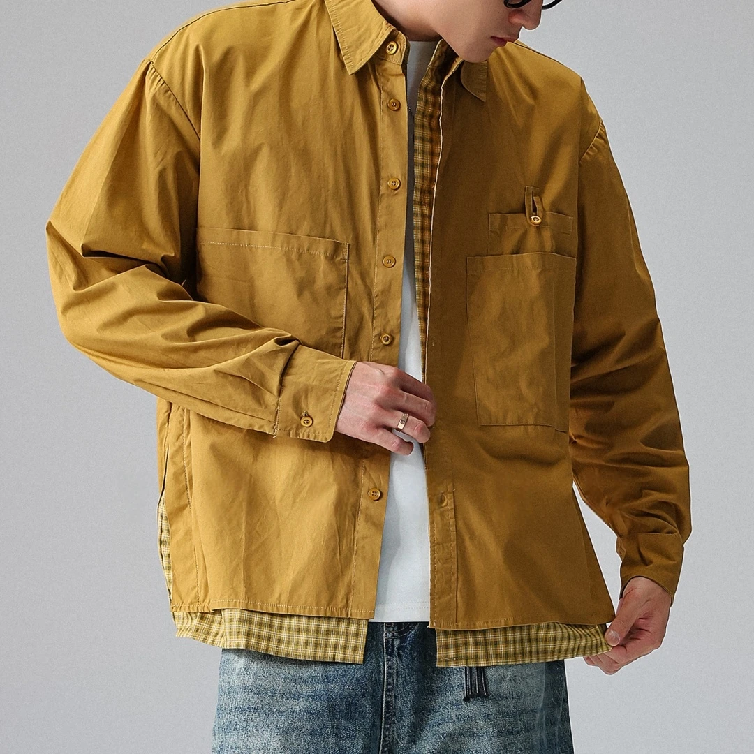 Mens Plaid Shirt Two Piece Layered Long Sleeve American Preppy Hip Hop Streetwear Unisex Spring Casual Tops Trendy Fashion
