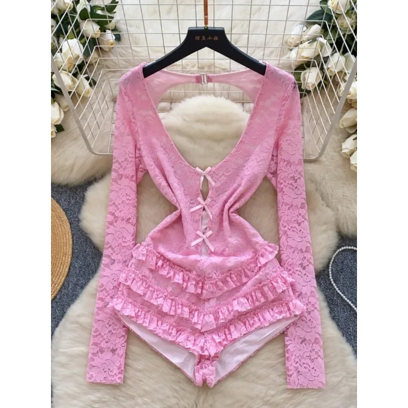 Women Sexy Hollow Backless V-neck Long-sleeved Jumpsuit Women Bodysuit New Fashion Pure Spice Girls Slim-fit Lace Shorts Rompers