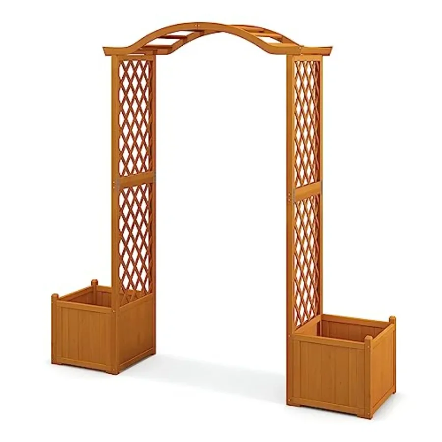 Outdoor garden arbor with planter for climbing plants, roses, vines; natural wood; rustic brown; weather-resistant, freestandin