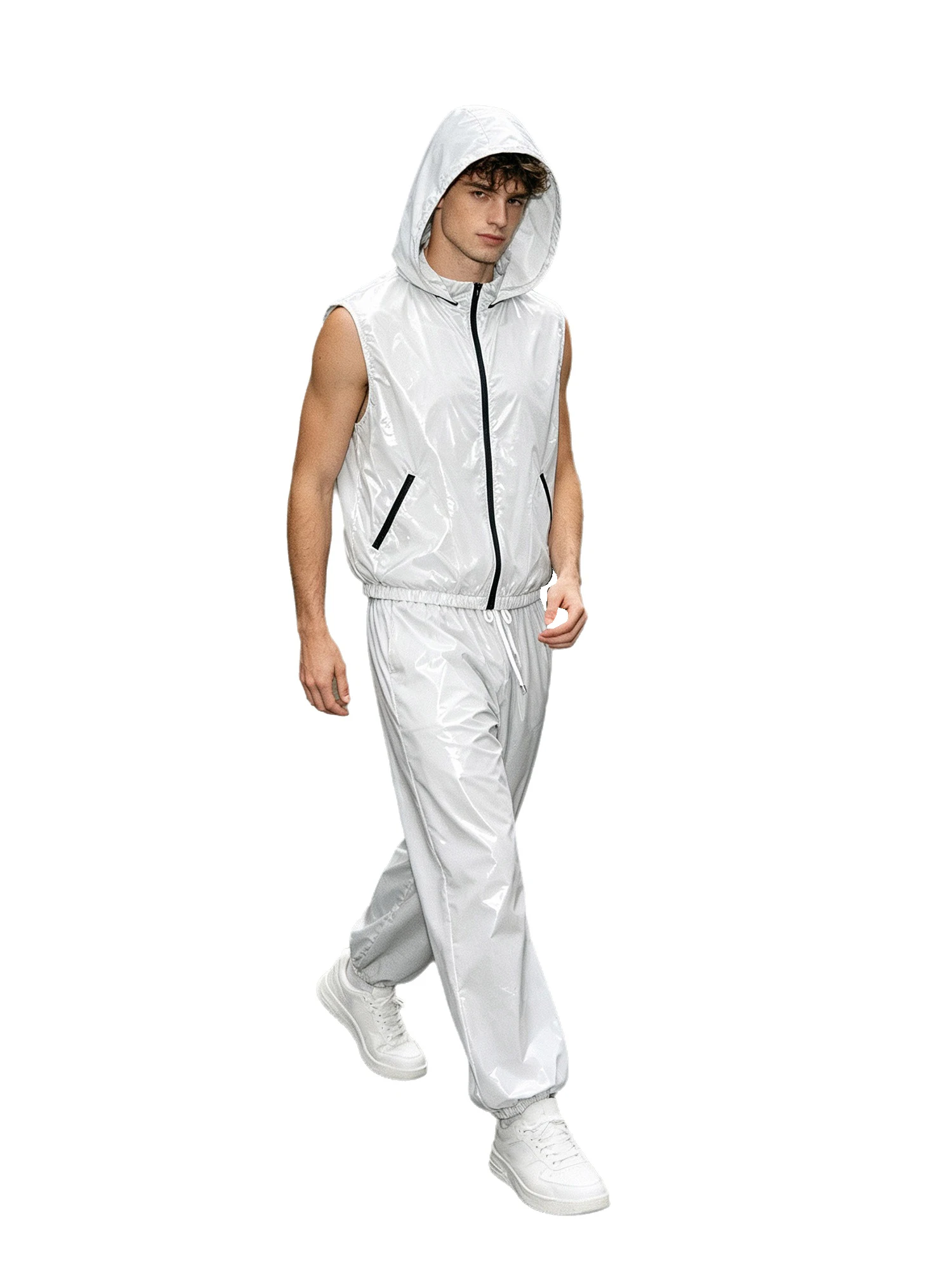 Men Waterproof Hooded Sleeveless Vest and Jogging Pants Set Front Zipper for Cycling Running Outdoor
