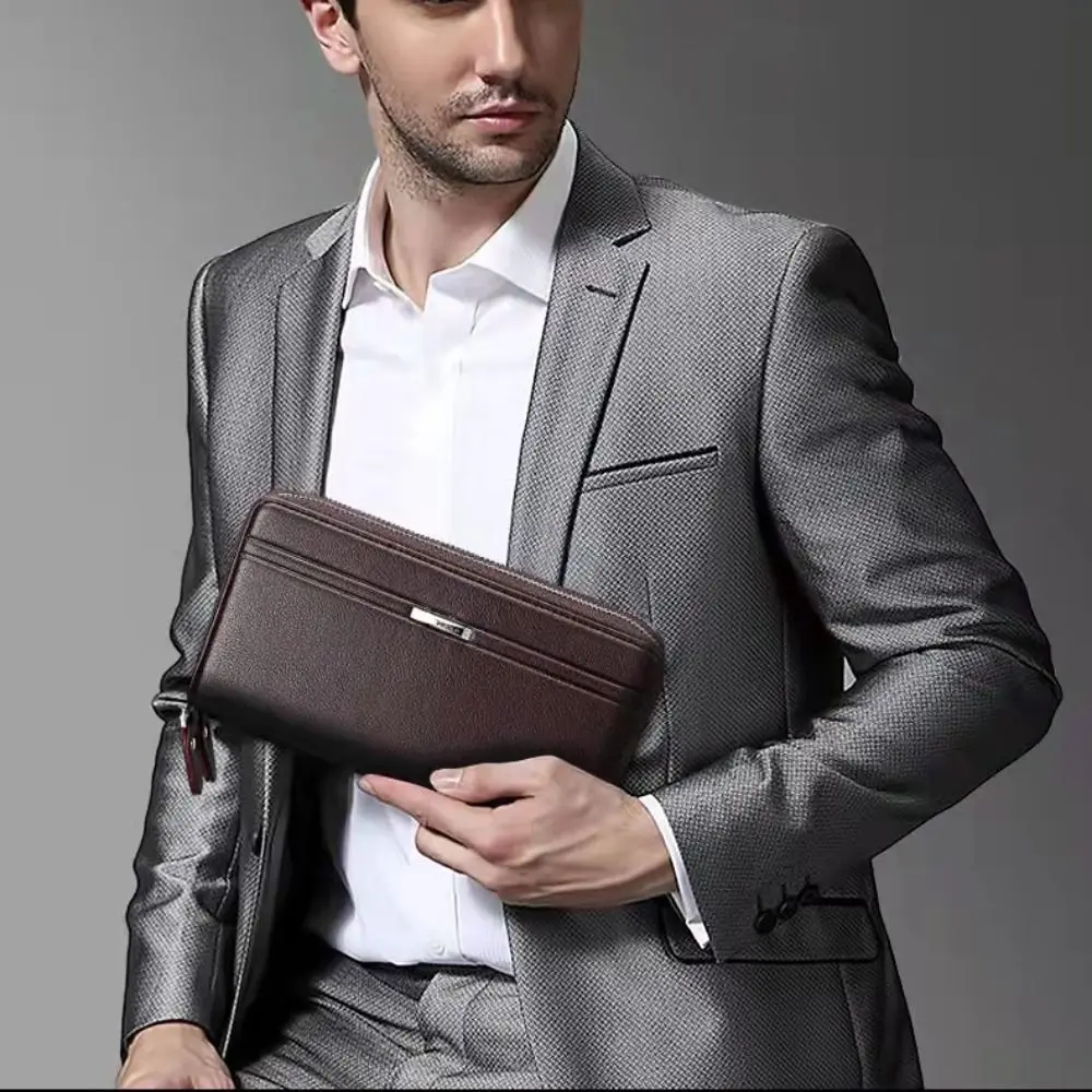 Cartera de cuero PU para hombre, bolso de mano grande con cremallera, tarjetero para teléfono, bolso de Negocios, nuevo