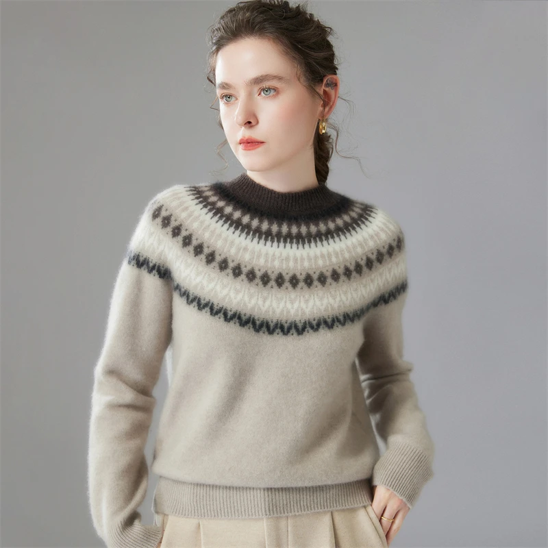 35% kasjmier Fair Isle trui, verdikte damestrui met ronde hals, havermout/rood